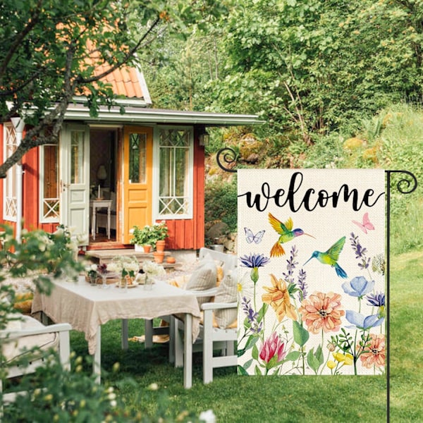 Hummingbird Forårsblomster Haveflag 12 x 18 Tommer Dobbeltsidet, Sæsonbestemt Velkommen Have Udendørs Flag