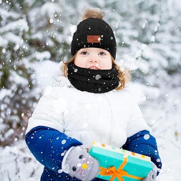 (Black)Children's monochrome warm hat, scarf and gloves in three