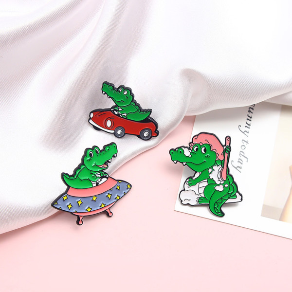 Set med 3 söta krokodil tecknade djur Söt emalj brosch Pi
