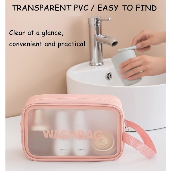 3 st transparenta, vattentäta kosmetiska väskor i PVC, transparenta necessärer för resor Pink