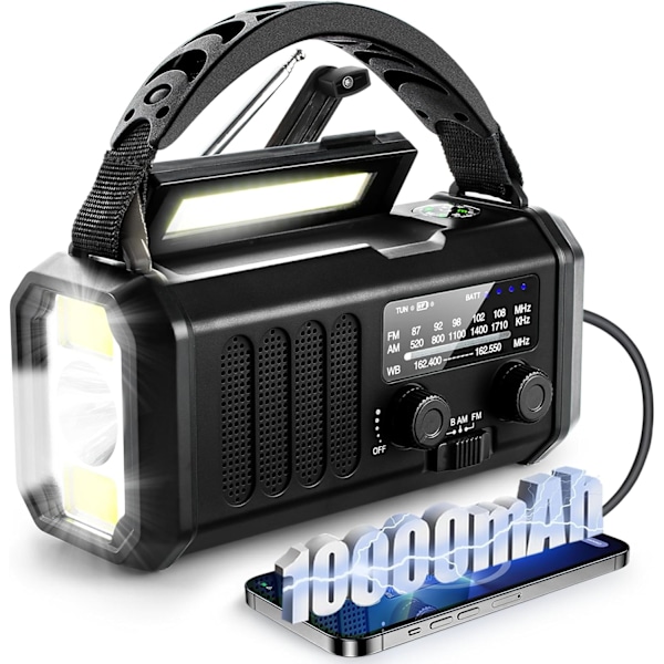 st Nödradio med 10000mAh, Portabel Överlevnadsradio FM, AM Batteridriven & Powerbank, Solcellsladdare, Handvev, Typ C, Ficklampa, Readi