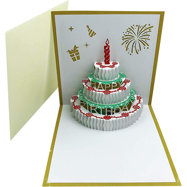 1 stk. 3D Pop-up fødselsdagskort, automatisk afspilning af musik, varmt LED-lys Golden Cake + Music Yellow Light