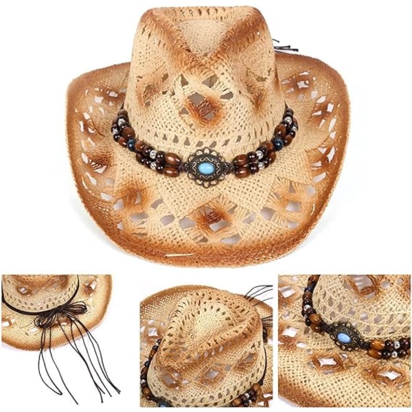 (begie)Unisex hullet stråcowboyhatt, bredbremmet cowboy solhatt w