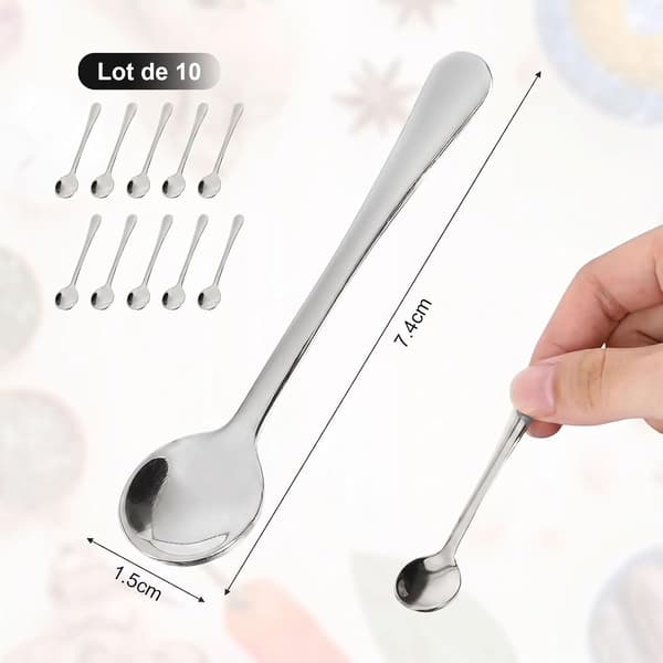 Sæt med 10 sølvfarvede espressoskeer i rustfrit stål - Mini krydderiskeer - 7,5 x 1,5 cm - Søde kaffeskeer - Velegnet til kaffe, honning, salt,
