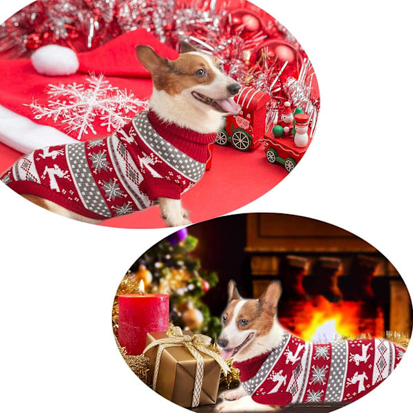 Söt hundjultröja med ren och snöflinga, stickad husdjurströja, mjuk och varm tröja med polokrage