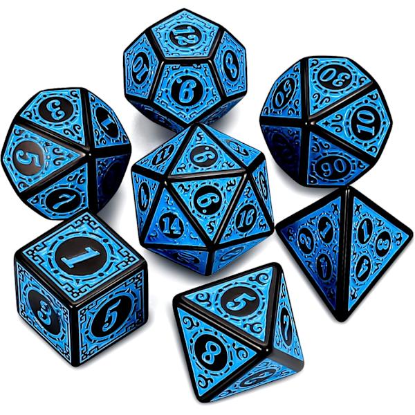 DND Polyhedral Terning Sæt til Dungeons and Dragons RPG MTG Rollespil Bordspil - med 1 Terningpose (Blå Graverede Terninger)