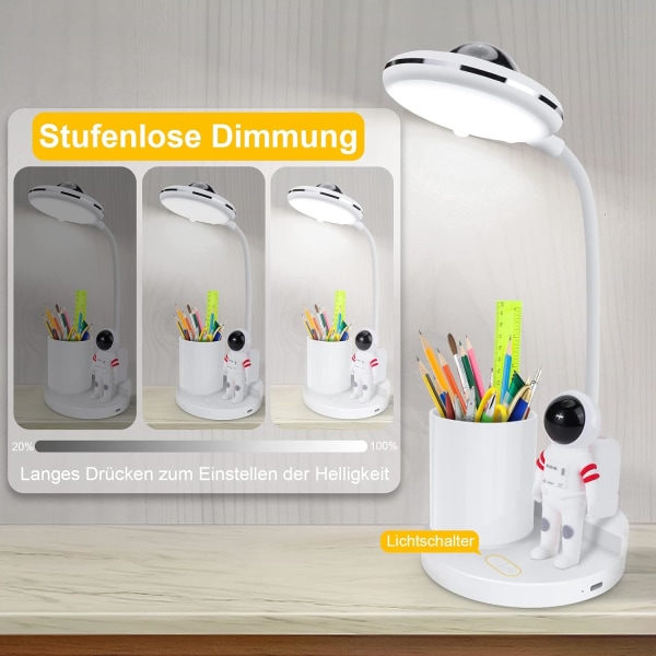 Skrivebordslampe, dimbar trådløs bordlampe, oppladbar skrivebordslampe med projeksjon og pennholder, LED