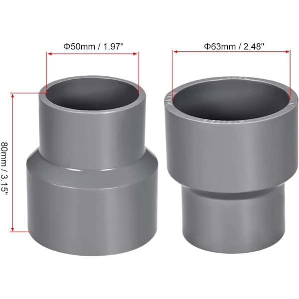 PVC Reducer Fitting Hub - 50mm x 63mm - Rørfitting Adapter - Grå - Rørreducer - Rørfitting til Vandforsyning C