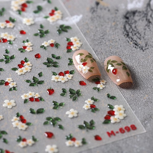 1 ark Vita Blommor Nagelstickers för Nagelkonst Vårblommor Nagelkonst Stickers 5d Präglade Blommiga Nageldekaler Självhäftande Gröna Blad Nageldesigner