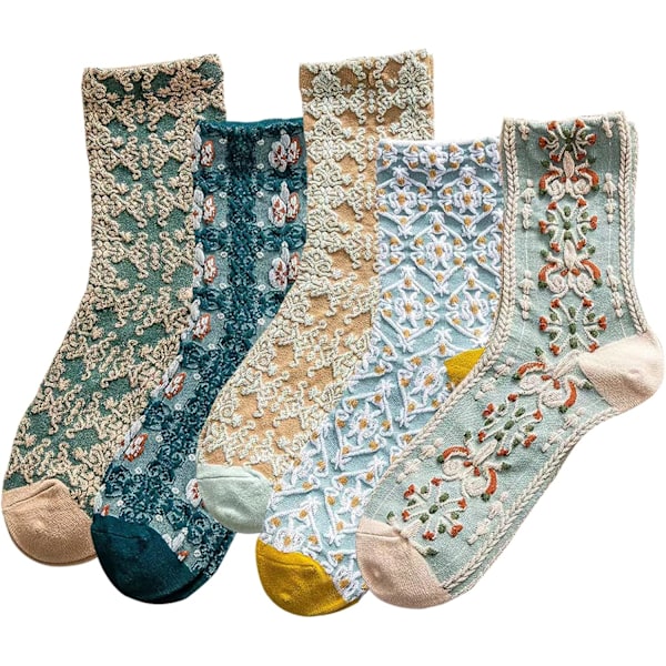5 Par Kvinders Blomstrede Bomuldsstrømper Vintage Mønstrede Crew Strømper Nyhed Ankel Rufflet Varme Casual Kjole Strømper