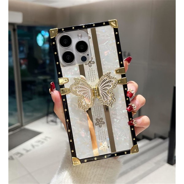 Glitter Diamond Butterfly Kickstand-fodral för iPhone 16 Pro Max, Lyxigt Bling Rhinestone Blommigt Fyrkantigt Mjukt TPU Stötskydd