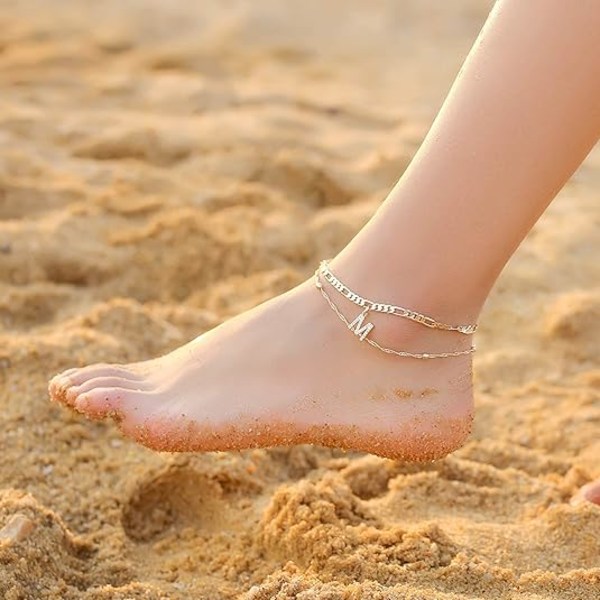 1 stk. Ankelarmbånd til kvinder, 14K guldbelagt fint lagdelt kæde A Initial Anklets Sommer Smykker Gave til kvinder