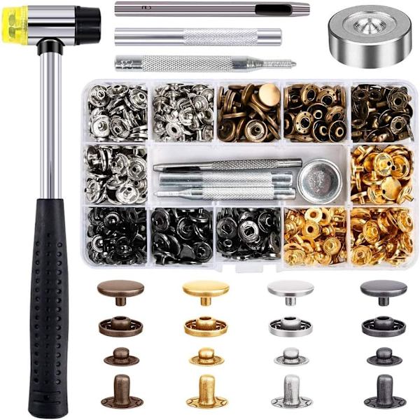 120 stk. Metal Snap Knapper 4 Farver (12mm) + Hammer, Til Læderhåndværk Jakke Tegnebog Håndtaske