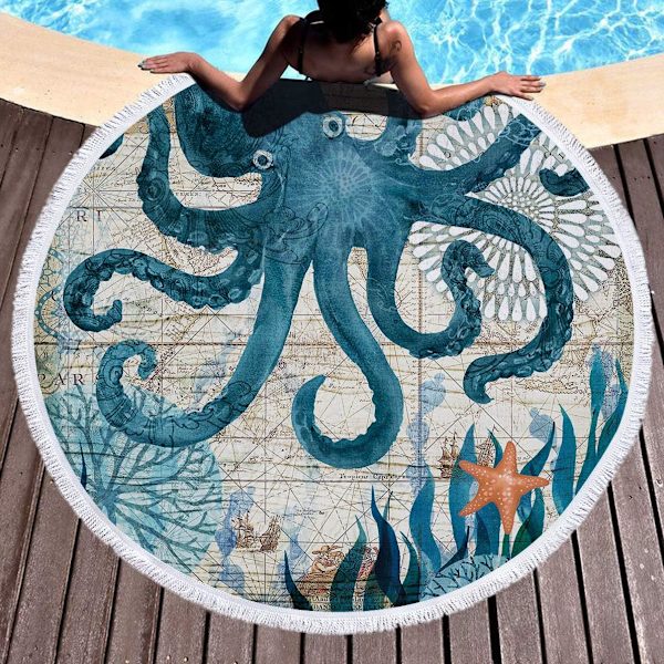 Blå Havs Bläckfisk Rund Strandhandduk Mikrofiber Strandfilt