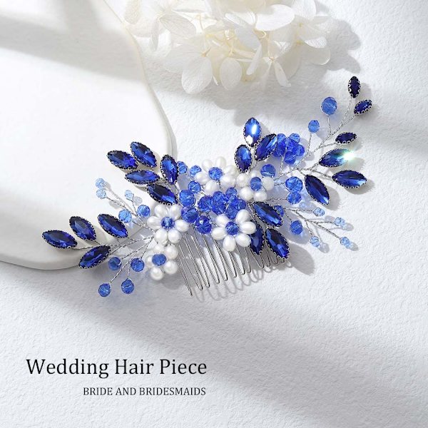 (Blå) Bröllopshårkam Pärlblomma Hårbit Rhinestone Dam Brudklänning Hårtillbehör