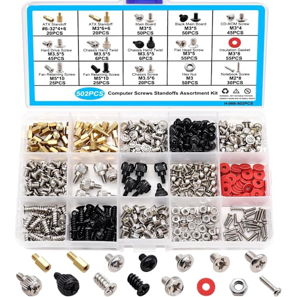 502PCS Datorskruvklassificeringssats, Moderkortsstödskruvar, Datorfläktskruvar, Datorchassi