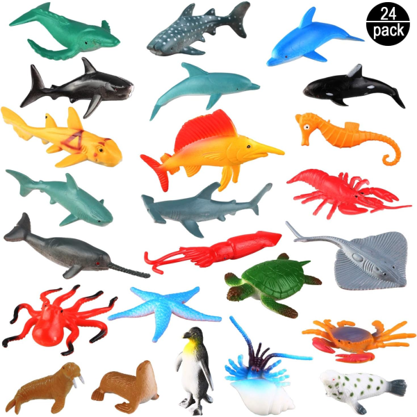 MH-Marine Animals, Pakke 24 Assorterte Cynil Min Plastdyrleker