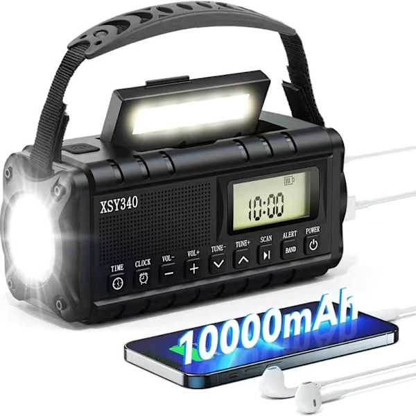 st DAB-radio, bärbar FM, överlevnadsradio med batterier och handvev, dynamolampa, med uppladdningsbart 10000 mAh batteri, ficklampa och läslampa, SO