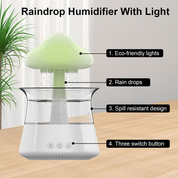 Regnskylampe, soppluftfukter, regndråpespreder, lyd, 7 fargerike lys