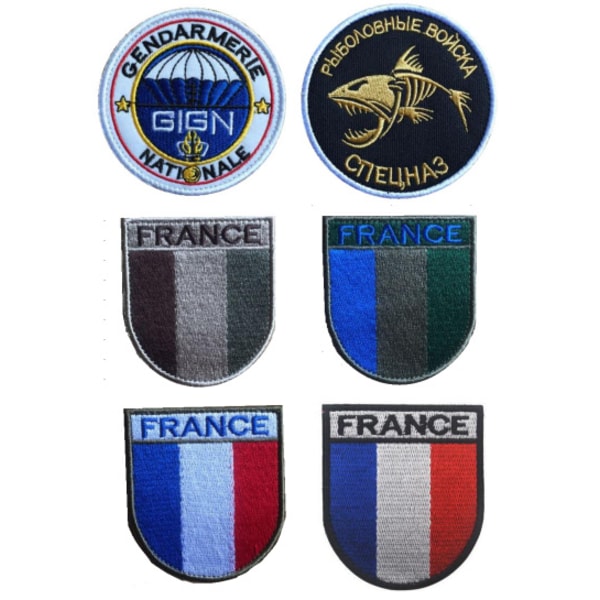 Lott med 6 merker Frankrike fransk flagg opex tap soldat 8x7cm påstrykning
