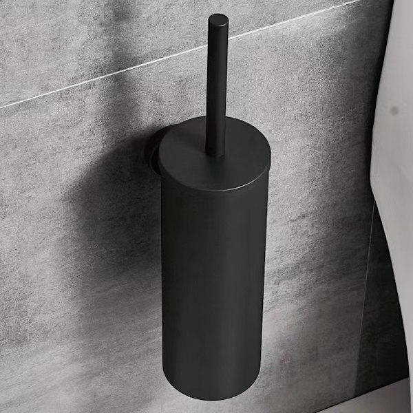 Musta WC-harja seinälle kiinnitettävällä WC-harjatelineellä kylpyhuoneeseen