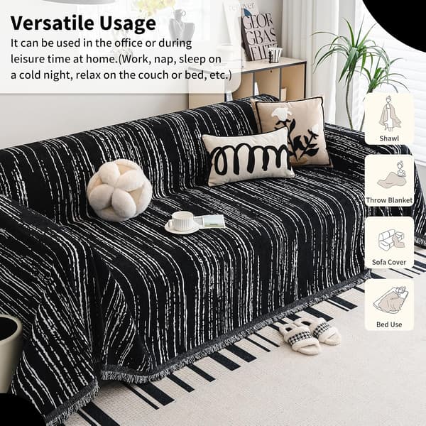 Sofabetræk til 3-personers sofa, 180 x 260 cm, sort - Chenille med frynser, vaskbart, skridsikkert og pletafvisende, sofaplaid