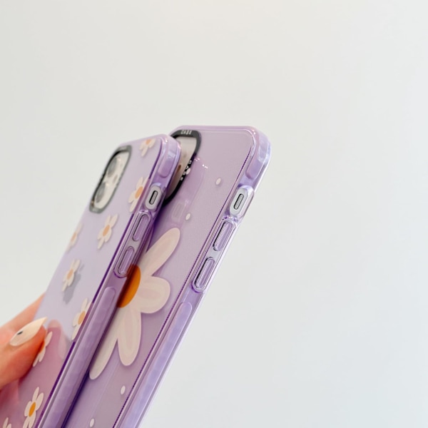 iPhone 15 Pro Max -kotelo naisille, Violetti söpö Daisy- ja kamomillakukkakuosi, tyttömäinen muotoilu, Kawaii-estetiikka, sarjakuva