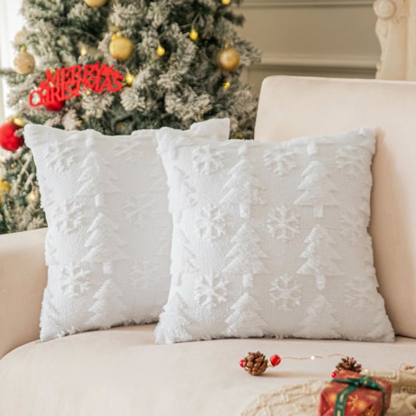 45×45×1cm Vita Julgran Kuddfodral 18x18 tum Set om 2, Snöflinga Forma Faux Päls Kuddfodral för Soffa