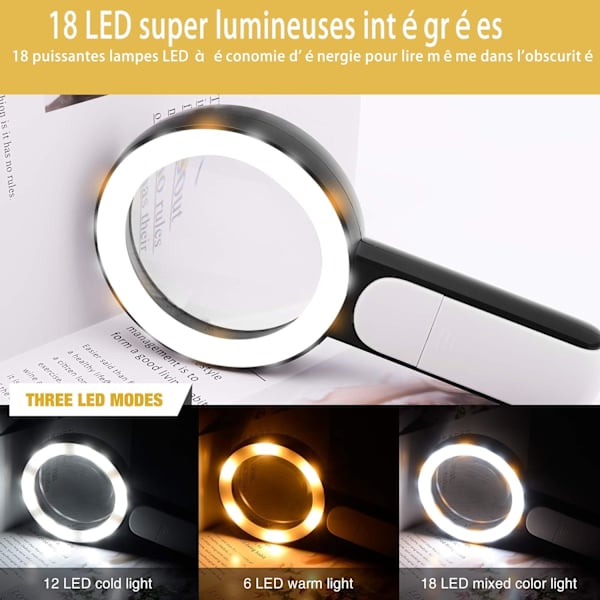Läsglas med 18 LED-lampor, dubbla glaslinser med 30x förstoring, handhållen förstoringsglas