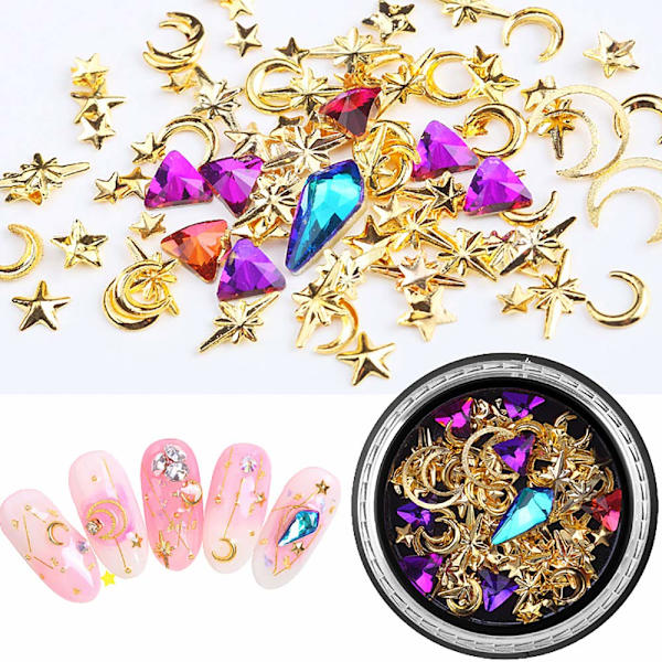 6 Bokser 3D Negle Rhinestones og Studs Gull Negle Nitter Sett Negle Krystaller Klar Negle Smykker Dekorasjoner Manikyrsett Med