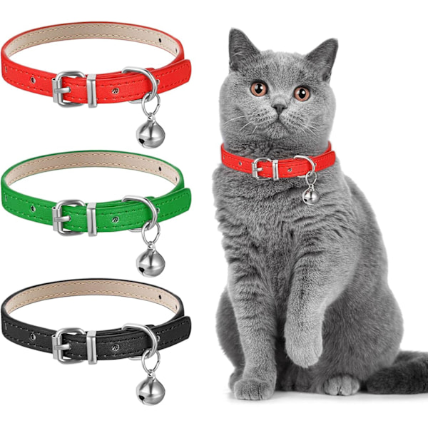 Læder Kattehalsbånd med Poleret Klokke Justerbare til Kat Små Mellemstore Hunde 3 Stykker