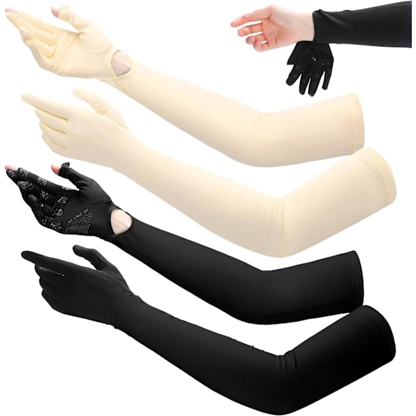 2 par solbeskyttende handsker til kvinder med lang arm og touch screen-funktion Black and Beige
