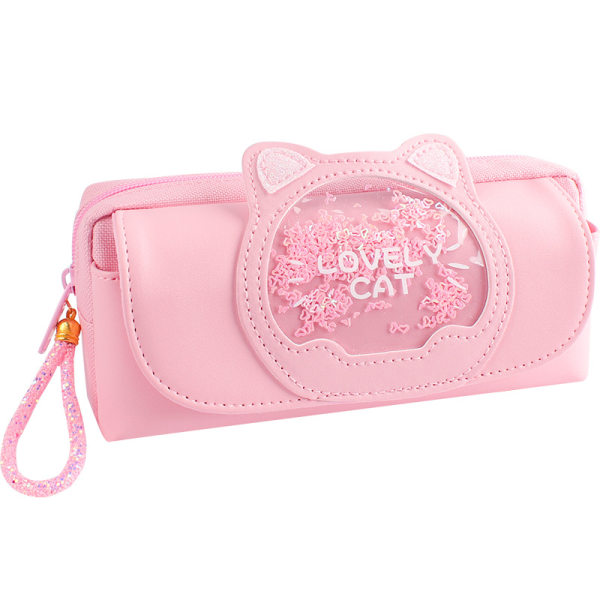 Pink Cute Quicksand Kat Pencil Case til Piger, Stor Kapacitet