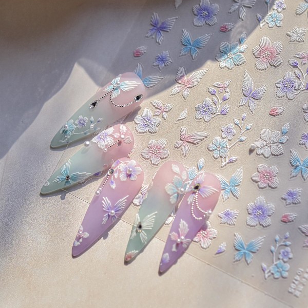 5D Präglade Blommor Nagelkonst Klistermärken Broderi Rosa Blomma Nagelklistermärken med Fjärilsdesign Självhäftande Blå Blomster Nageldekaler för Vår Sommar