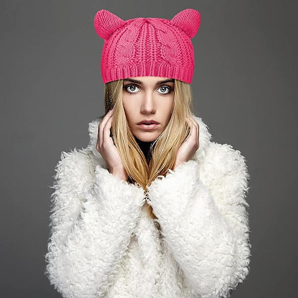 Kissan korva pipohattu - Rose Red Cute Cat Knitted Hat Winter Knit