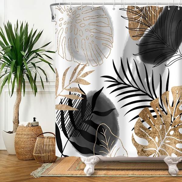 Duschdraperi Set med Abstrakta Växtblad, 150x180cm, Svart Guld Monstera Blad Badrumsdraperi Tvättsbart Abstrakt Tropiskt
