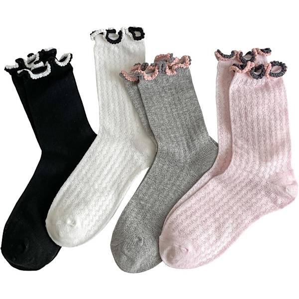 Søde Ruffel-Strømper til Kvinder - Hullet Hæklet, Åndbar, Tynd Crew Socks, 4 Par