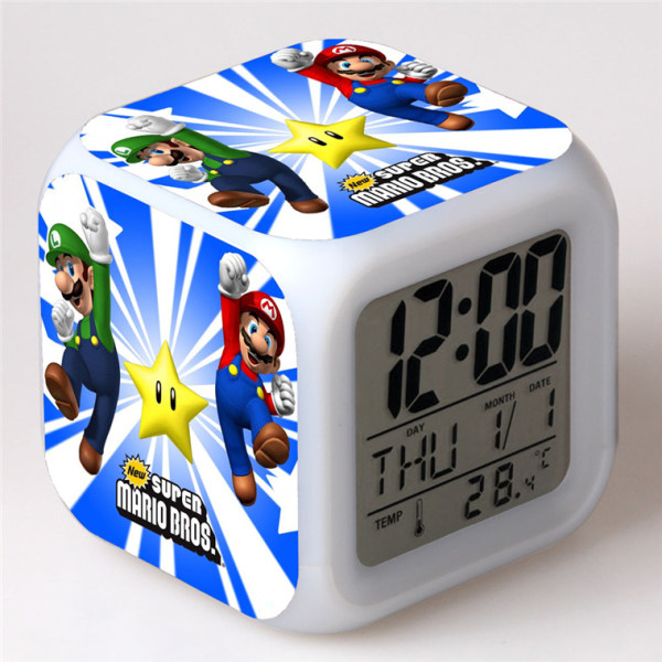 Super Mario Bros 7 Colors Change Digital Alarm Clock (Super Mario-A)with Time, Temperature, Alarm, D