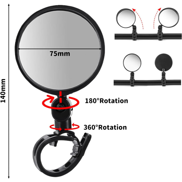 2 stk sykkelryggspeil, 360° roterbare sykkelspeil, sammenleggbart sykkelryggspeil, scooter