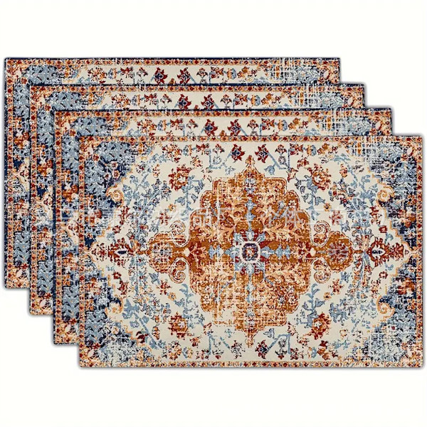 4 kpl Boho-mattojen aluslautasia - Vintage oranssi sininen etninen boheemi kukallinen matto pellava pestävä keittiön ruokapöydän aluslautanen