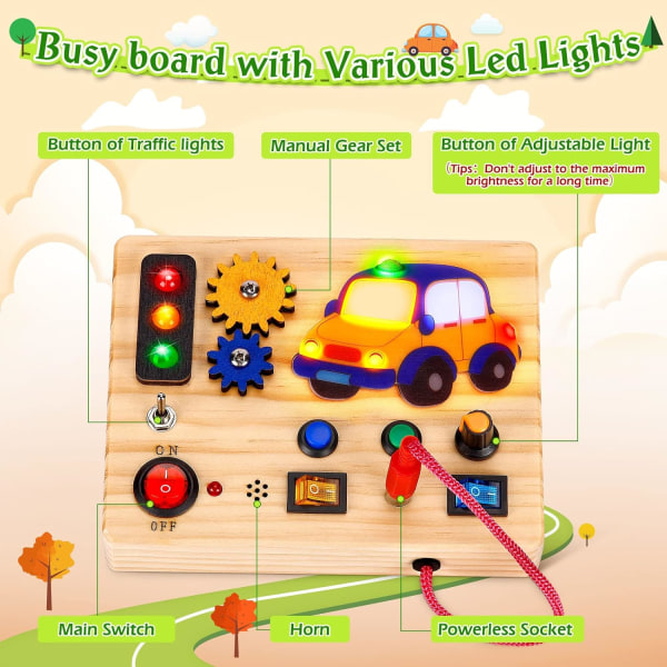 Busy Board Montessori -lelu lapsille 2 3 4 vuotta vanha, puinen lelu valaisevilla LED-painikkeilla, anturi