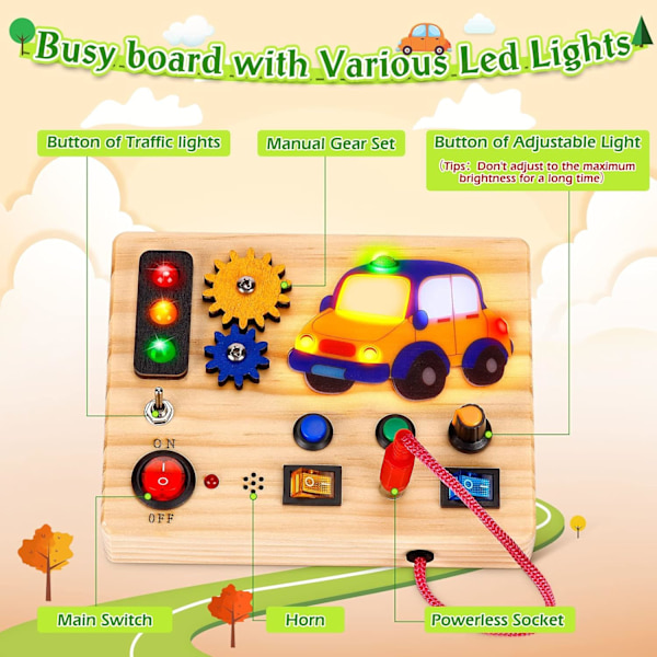 Travel Busy Board Montessori Toy for Children 2 3 4 Years Old, Wooden Toy with Luminous LED Buttons, Sensor