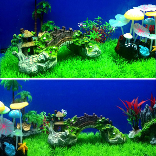 Akvarie Dekoration Planter Farverig Bro Pavillon Træ Stenhave