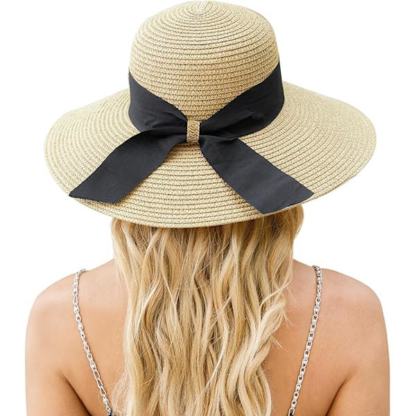 1 stk. Dame Strandhat, Dame Bredskygget Solhat af Halm, Dame Solhat UPF 50+ UV-beskyttelse Beige