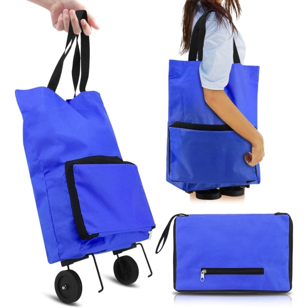 Foldable Shopping Cart with Rubber Wheels (Blue (with Rubber Wheels)), Oxford Cloth Foldable Shoppin