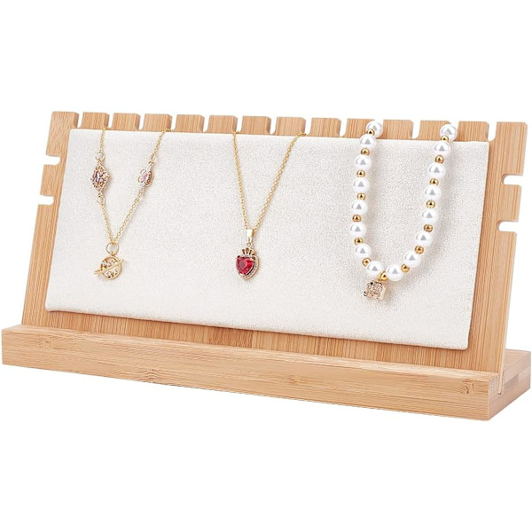 Bambus Halsband Display Stativ, Bordskiva Smycken Display Stativ Bricka Display Stativ med Antik L-Form