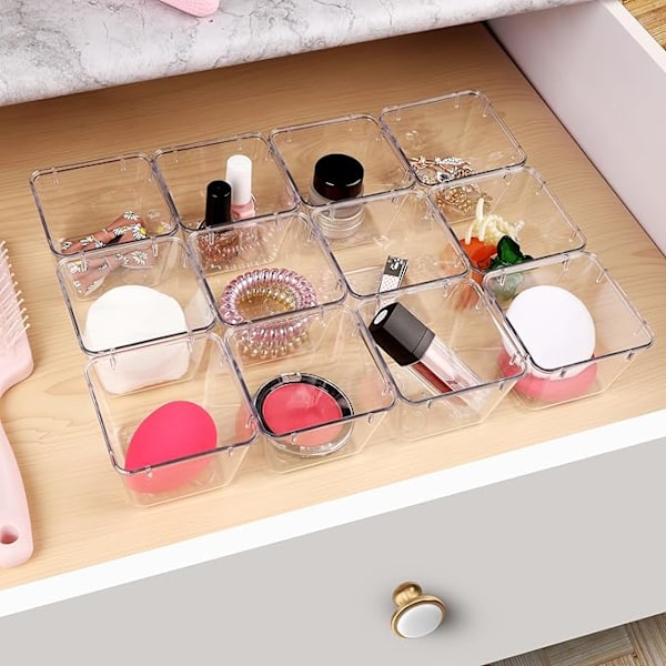 7,6×7,6×5,3cm Meikkiteline - 12x Kirkasta Muovia Pinottava Laatikko Säilytyslaatikko - Keittiö Kylpyhuone Toimisto Pöytä