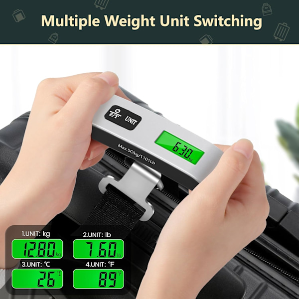 Elektronisk Bagasjeskala, Bærbar Vektskala Max 50Kg/110Lb, Bakgrunnsbelyst LCD-Skjerm Kofferskala med Tarafunksjon for Post