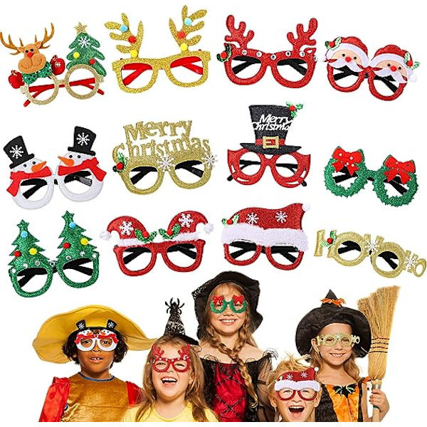 12 st glitterglasögonbågar för julfest, glitterglasögon för julen, julklappar