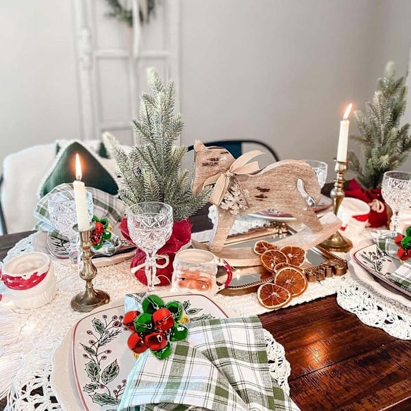 Set med 6 julbells servettringar, Jingle Bells servettringsspänne grön och röd julservett spännen hållare för